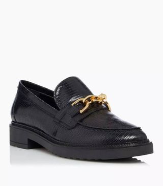 Dune + Gisella Black Chain Detail Leather Loafers