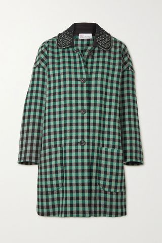Redvalentino + Crystal-Embellished Checked Wool-Blend Tweed Coat