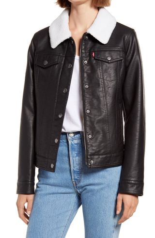 Levi's + Faux Leather Trucker Jacket with Faux Shearling Collar