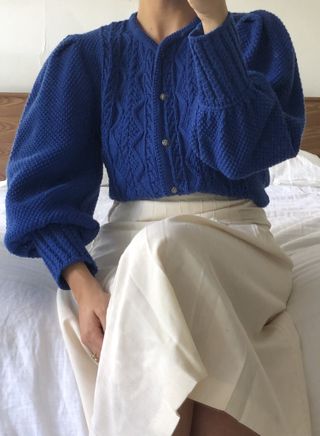 Lucia Zolea + Vintage Cobalt Cable Knit Puffed Sleeve Cardigan