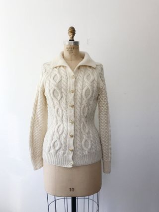 Vintage + 1950s Cable-Knit Cardigan Sweater