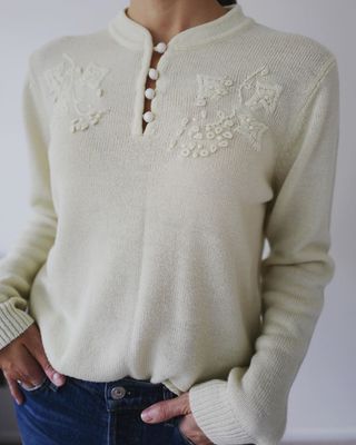 Adrian Delafield + Ivory Vintage Knit Sweater with Pearls