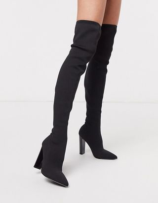 ASOS Design + Kudos Knitted Block Heel Thigh High Boots in Black