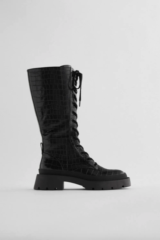 Zara + Animal Print Laced High Shaft Boots