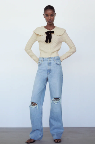 Zara + Bow Trim Textured Knit Sweater