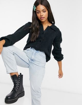 ASOS + Fluffy Collared Sweater With Placket Detail in Navy
