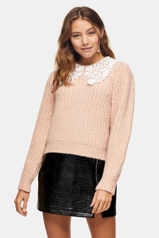 Topshop + Pink Crochet Collar Sweater