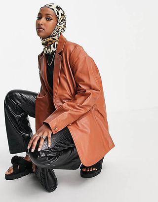 Muubaa + Oversized Leather Blazer in Brown Tan