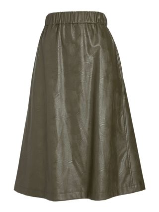 Helene for Denim Wardrobe + Faux Leather A-Line Skirt in Khaki