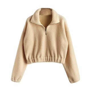 Zaful + Faux Fur Pullover Half Zip Long Sleeve Crop Sweatshirt