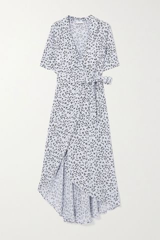 Ganni + Floral-Print Crepe Wrap Midi Dress