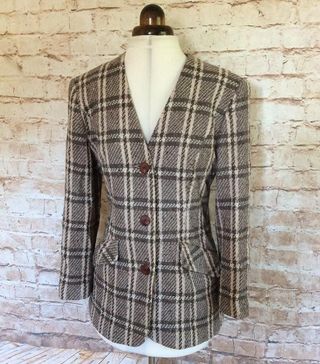 Vintage + Jacket Fitted Collarless Style in Brown Checked Wool