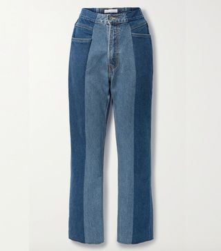E.L.V. Denim + The Twin Cropped Frayed Two-Tone High-Rise Flared Jeans