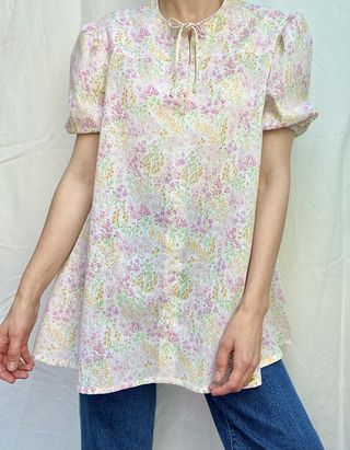 Found & Curated Vintage + Handmade Floral Tunic With Puff Sleeves