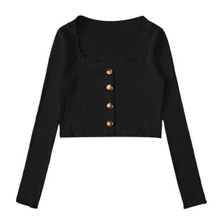 Romwe + Buttons Up Rib Crop Tee