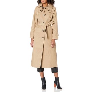 London Fog + Single Breasted Long Trench Coat with Epaulettes and Belt
