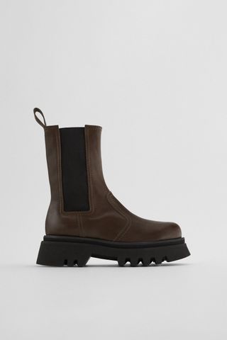 Zara + Low Heeled Lug Sole Leather Ankle Boots