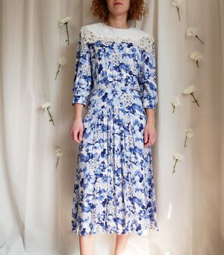 Vintage + 80's Jane Singer Floral Dress Midi Pleated Dress