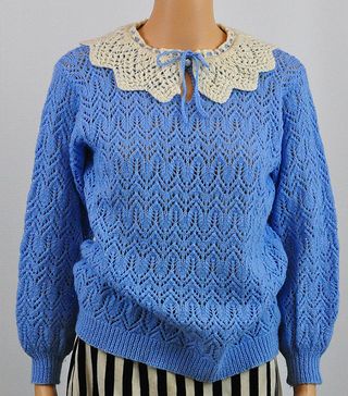 Vintage + Blue Crochet Jumper With White Lace Collar
