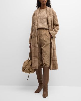 Brunello Cucinelli + Plaid Double-Breasted Wool-Alpaca Overcoat