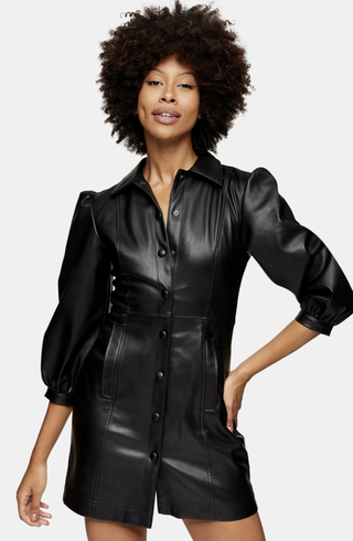 Topshop + Long Sleeve Faux Leather Shirtdress