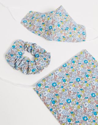 ASOS Design + Blue Floral Face Covering With Pouch & Scrunchie