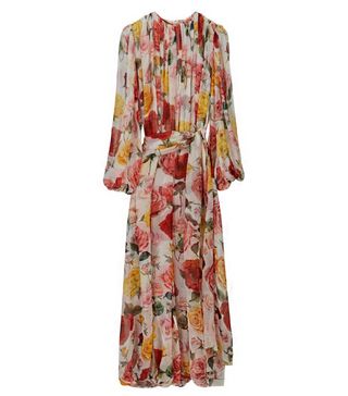 Dolce & Gabbana + Long Dress In Cream Silk With Roses Print