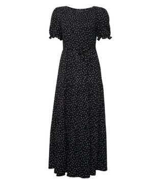 Dorothy Perkins + Black Puff Sleeve Midi Dress Spot Boat Neck Short Sleeve