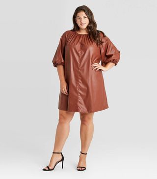 Who What Wear x Target + Faux Leather Balloon Long Sleeve Shift Dress
