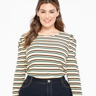 Eloquii Elements + Striped Ribbed Puff Sleeve T-Shirt