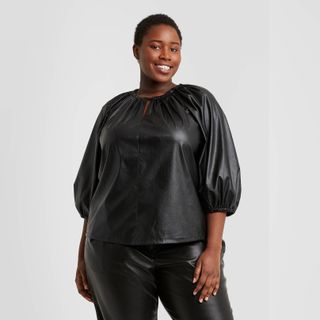 Who What Wear Collection + Faux Leather Balloon 3/4 Sleeve Blouse