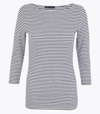 M&S Collection + Cotton Striped Fitted 3/4 Sleeve Top