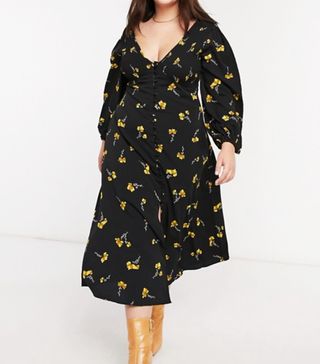 ASOS + Curve V Neck Button Through Midi Dress With Shirring in Floral Print