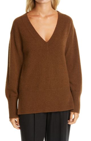 Vince + Ribbed V-Neck Cashmere Tunic Sweater