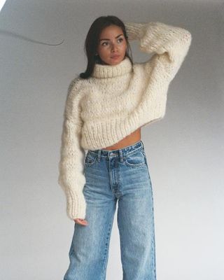 Frisson Knits + Cropped Classic Sweater in Cream