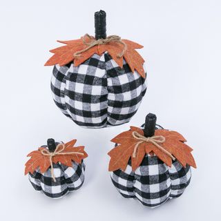 Gerson International + Set of 3 Assorted Sized Fabric Black and White Plaid Pumpkins Harvest Décor with Leaf Accent