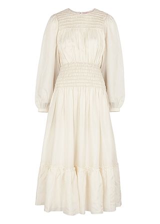 Tory Burch + Ivory Smocked Silk Midi Dress
