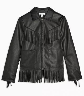 Topshop + Black Faux Leather Fringe Jacket
