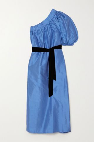 ArtClub + Aster One-Shoulder Velvet-Trimmed Silk-Dupioni Midi Dress