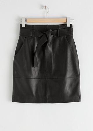 & Other Stories + Leather High Waisted Belted Mini Skirt
