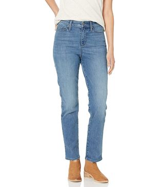 Daily Ritual + High-Rise Slim Straight Jeans in Mid-Blue