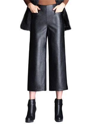 Tanming + High Waist Black Faux Leather Cropped Pants Trousers