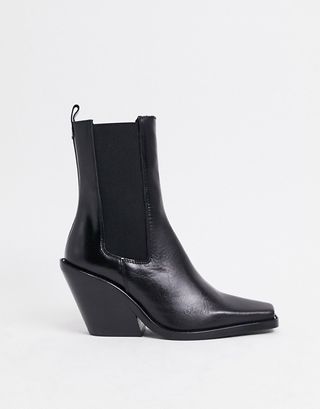 ASOS Design + Rhea Premium Leather Western Boot in Black