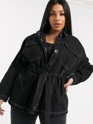 ASOS + Oversized Belted Heavy Denim Shirt in Black With Contrast Stitch