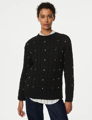 M&S Collection + Embellished Cable Knit Jumper