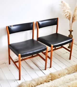 Fetch and Sow + Set of 2 Danish Vintage Teak and Leather Mid Century Modern Chairs 1970s