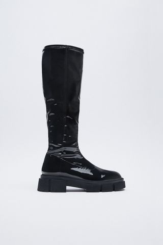 Zara + Flat Faux Patent Stretch Boots