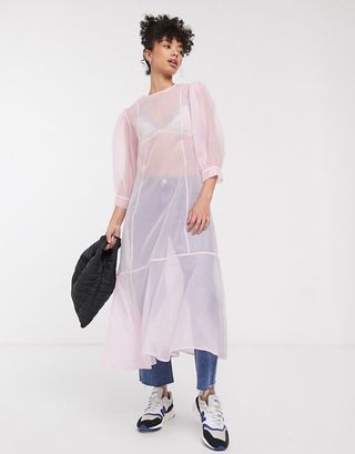 Weekday + Organza Puff Sleeve Midi Dress in Light Pink