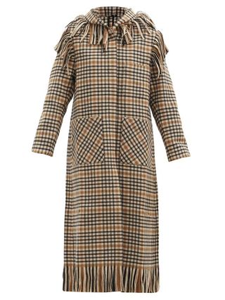 Sara Lanzi + Fringed Checked Wool-Blend Hooded Coat