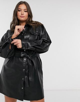 ASOS + Leather Look Button Through Mini Shirt Dress With Belt in Black